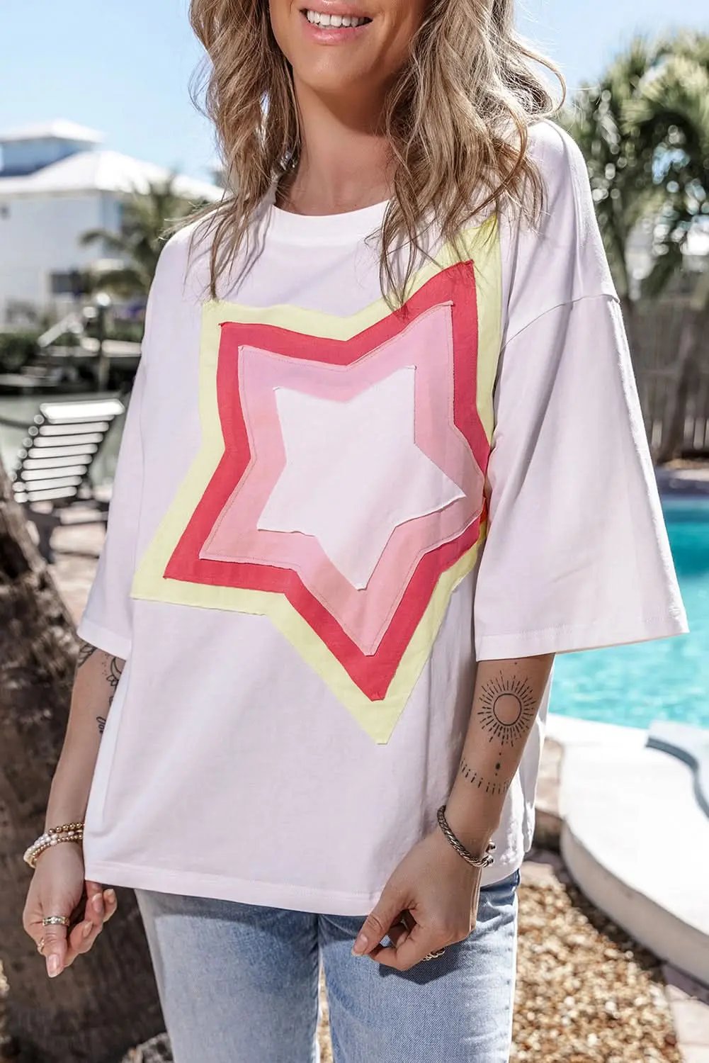 White Colorblock Star Patched Half Sleeve Oversized Tee - Love Salve